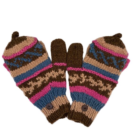 Vintage Knit Convertible Mittens Fingerless Gloves Brown Pink Blue Fair Isle OS - Picture 1 of 5